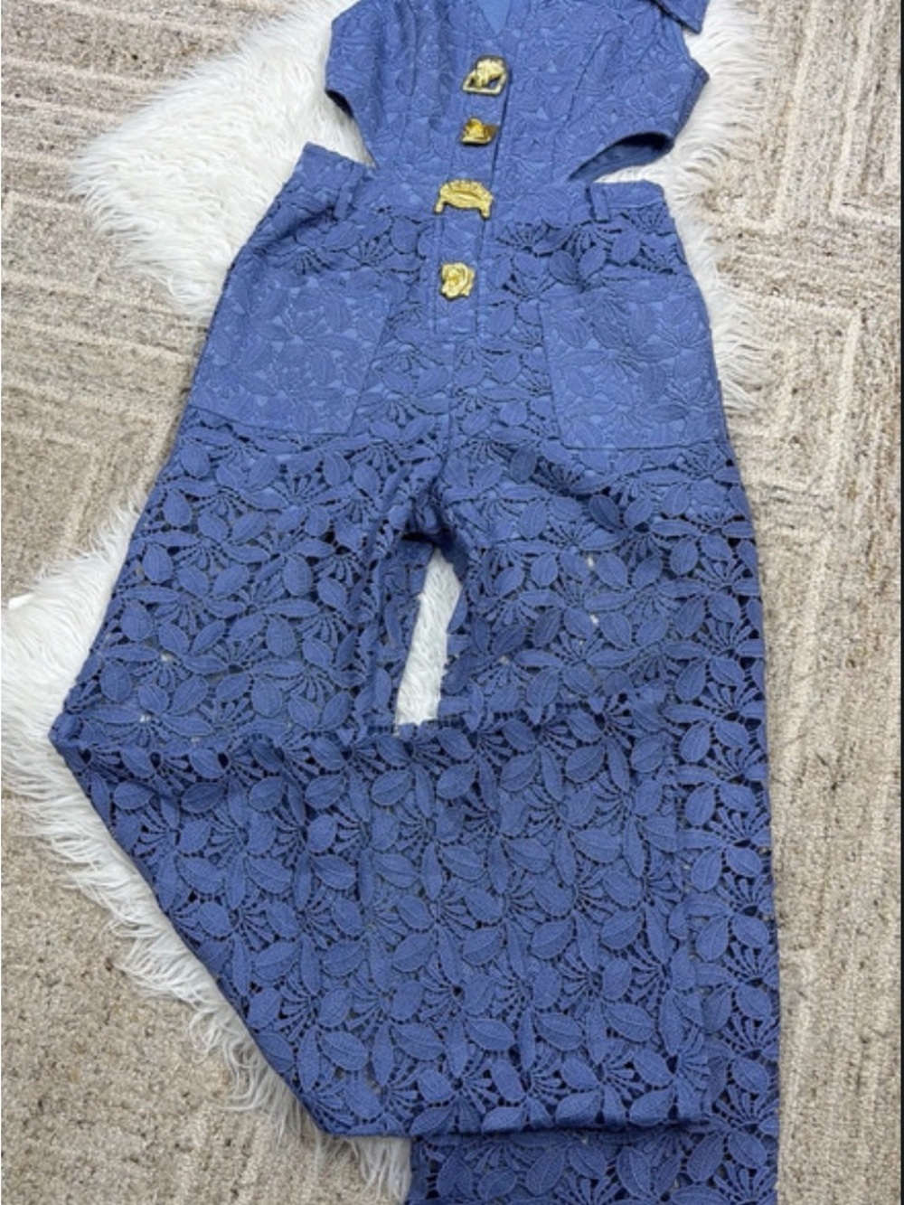 Girls' Lace Cutout Jumpsuit in Blue with Gold Buttons